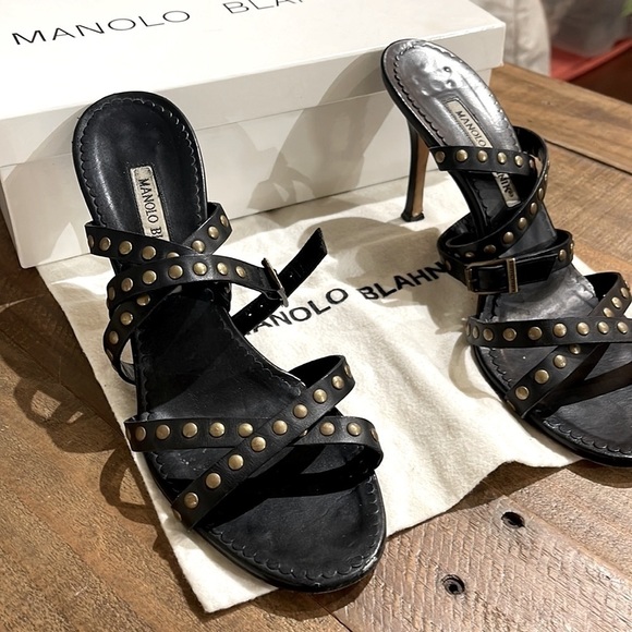 Manolo Blahnik 39.5 strappy studded laceup heels sandals stilettos slides - Picture 5 of 10